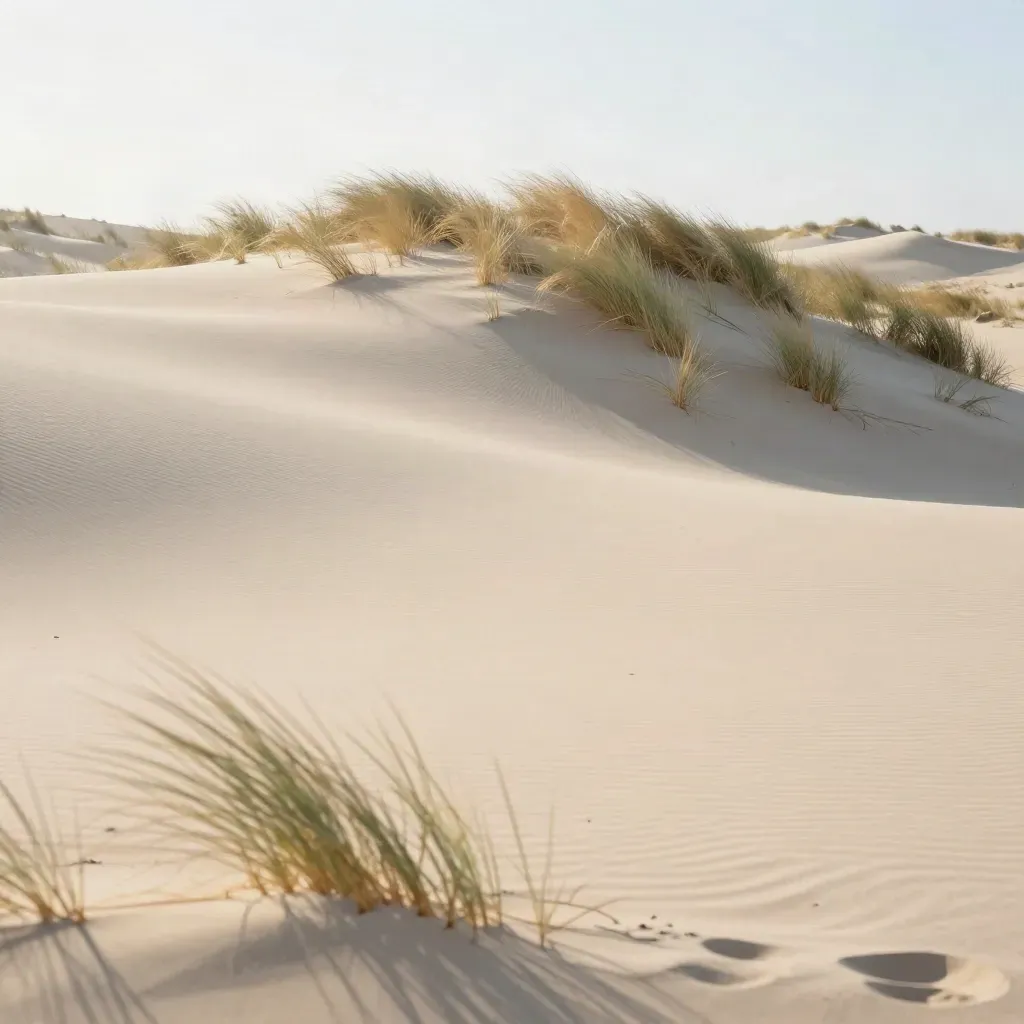 Pale dune ridge with wind-rippled grass under clear late-afternoon sky