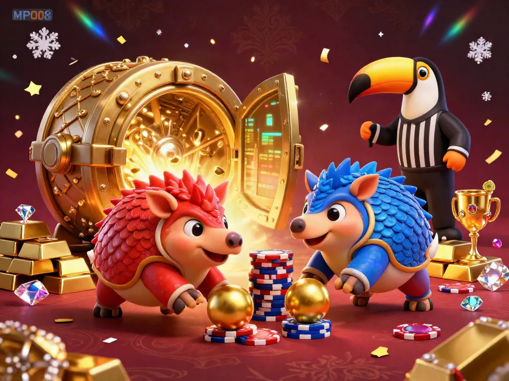 MPO08 features rival pangolins bowling through poker chips amidst golden treasures in this vibrant illustration.