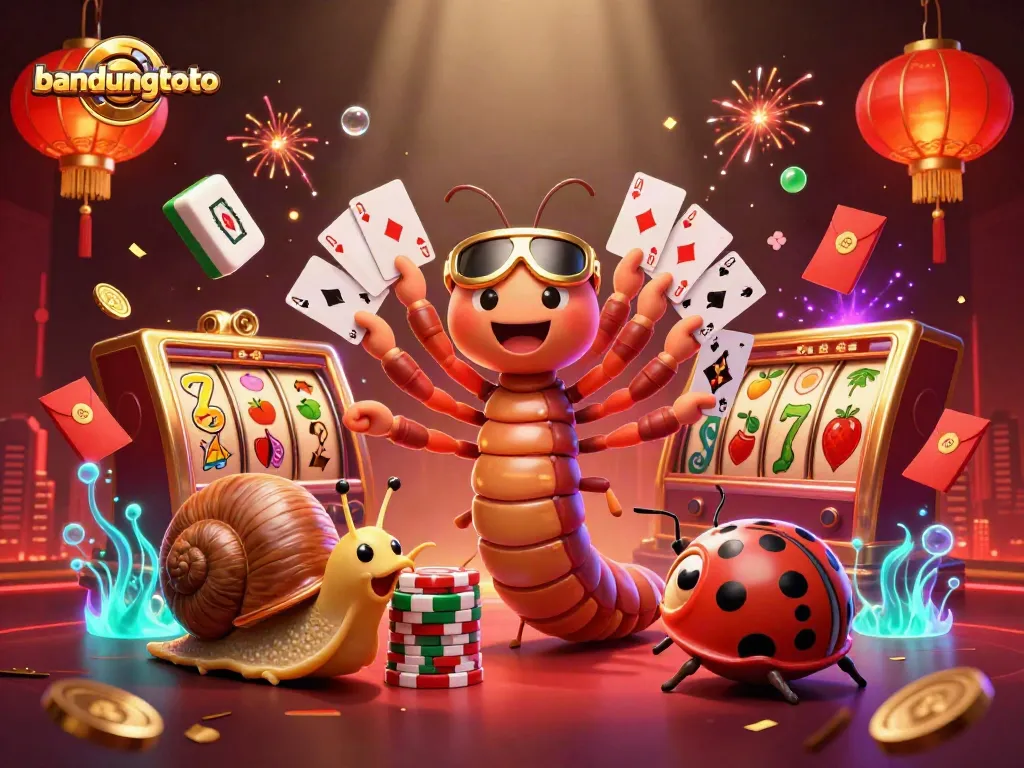 bandungtoto energizes players with a cartoon millipede dealer and vibrant slot reels