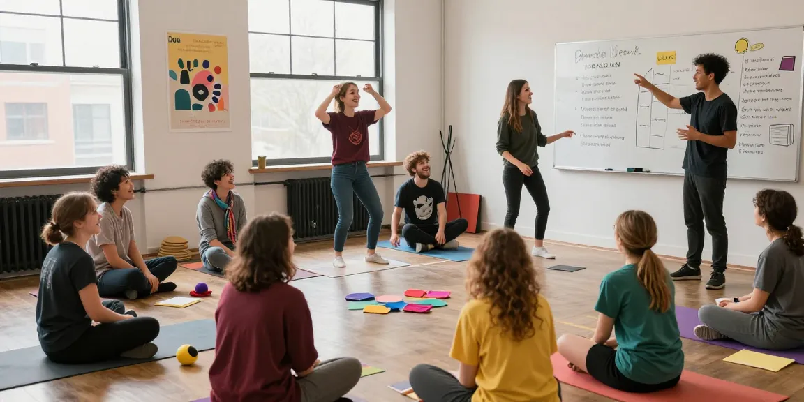Engaging improv for beginners workshop with participants laughing and learning in a creative studio.