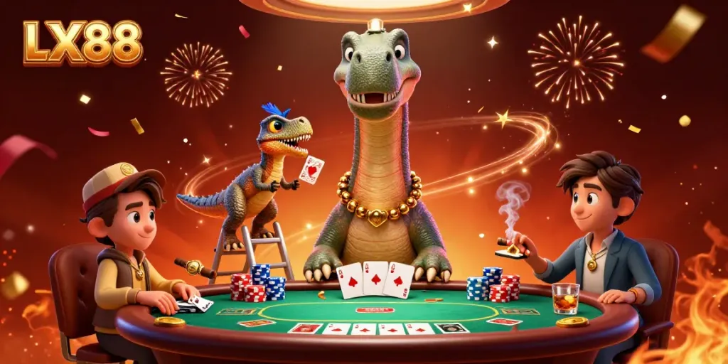 LX88 showcases a brontosaurus and raptor at a dynamic poker table filled with colorful chips and cards.