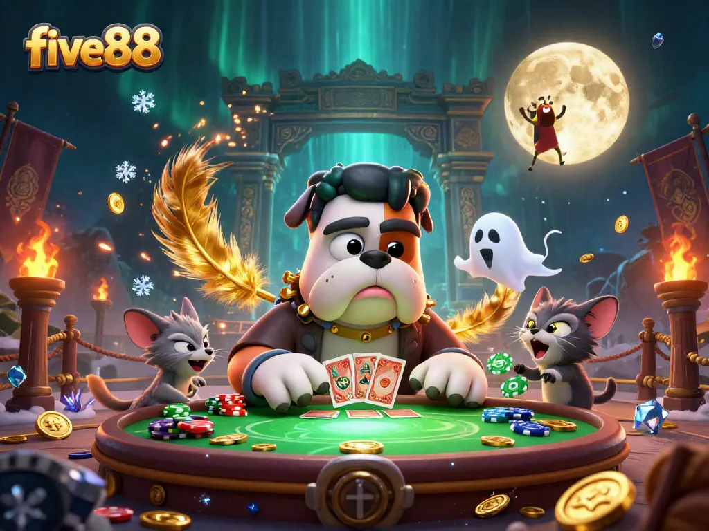five88 showcases a lively casino scene with a bulldog dealer and enchanting elements, appealing to players.