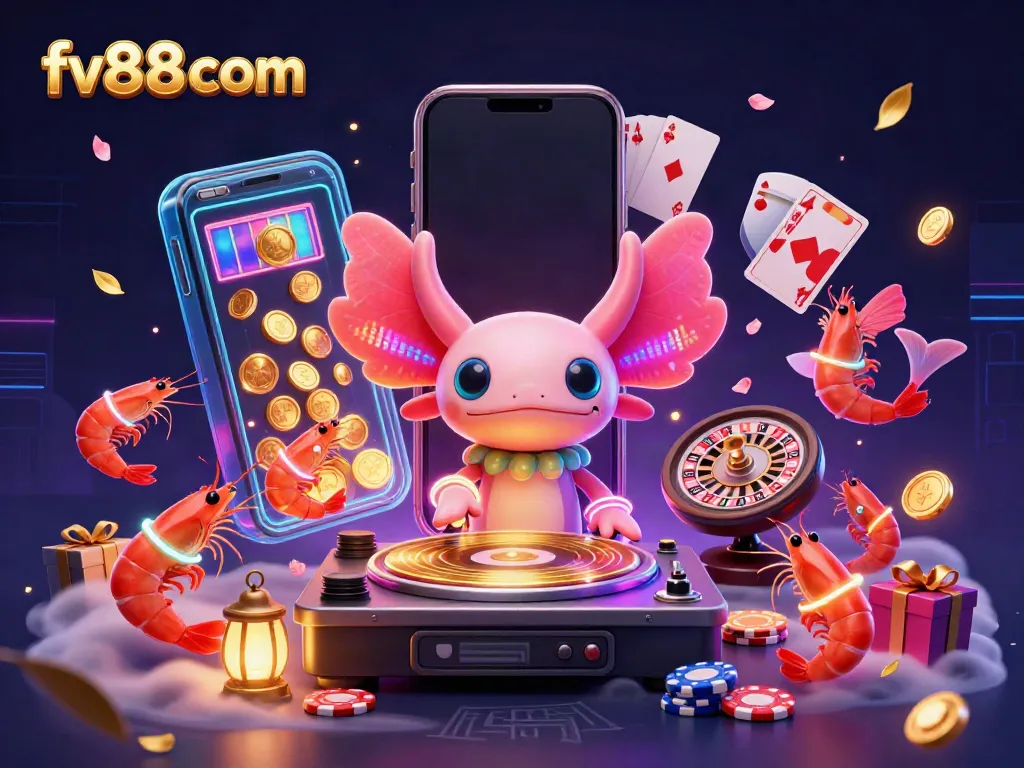 Experience exciting gambling at fv88 com with vibrant 3D illustration showcasing a neon-themed underwater party.