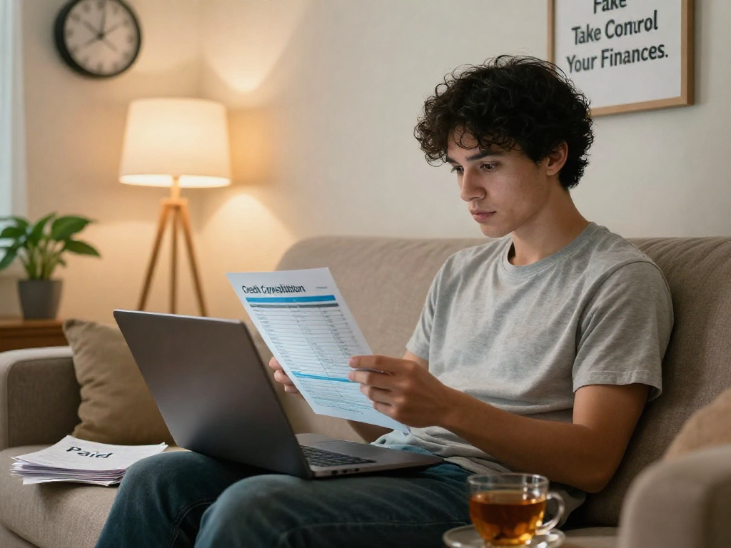 Cozy living room scene illustrating the journey of credit consolidation with a person reviewing finances.