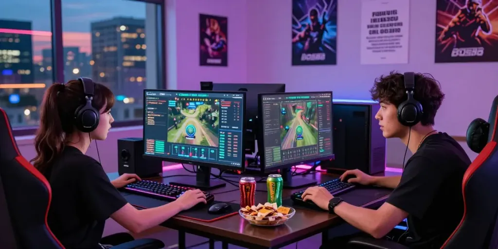 Two gamers strategizing on the bos88 platform with live game data in a dynamic gaming setup.