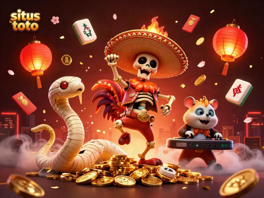 Experience exciting wins with situs toto as 3D cartoon characters celebrate on piles of golden coins.