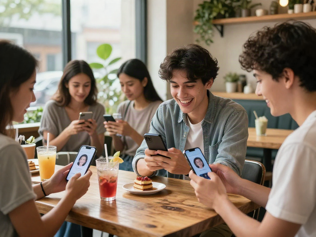 Young adults enjoying a café moment while using a face age app to find out how old do I look.