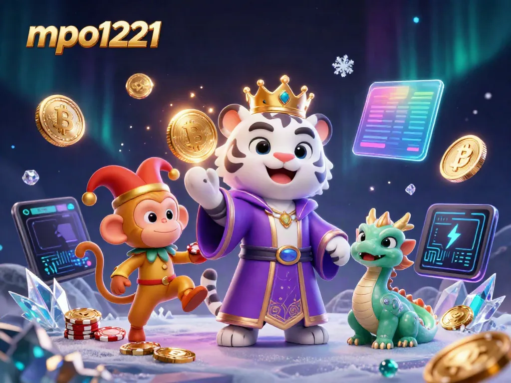 Engage with mpo1221's exciting casino experience featuring a tiger, monkey, and dragon in a vibrant scene.