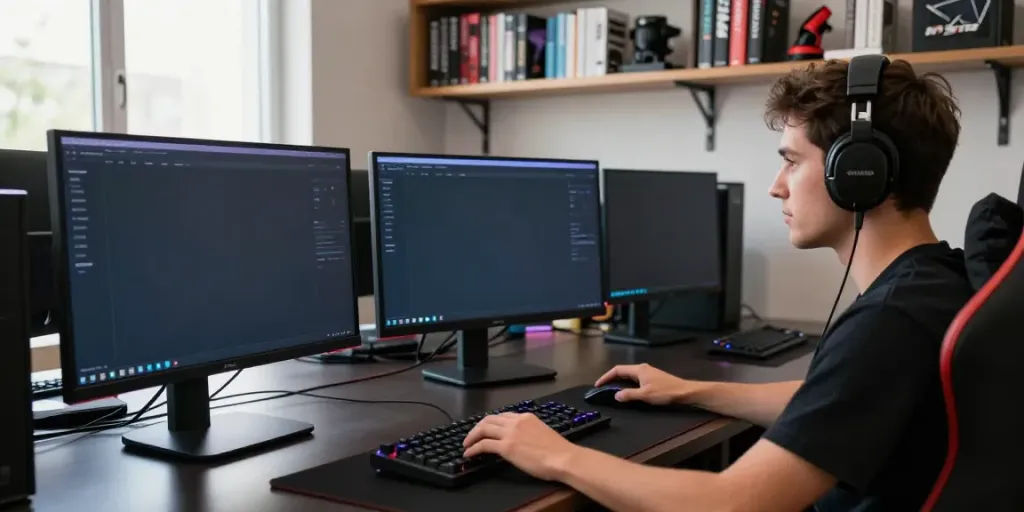 Engaged gamer interacting with Singatoto online platform on multiple screens.