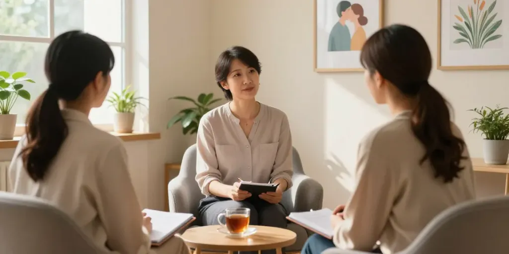 Connection-focused therapy session with a relationship and attachment therapist Murfreesboro TN engaging with clients in a cozy office.