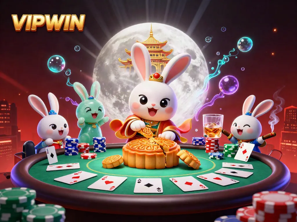 Engage with VIPWIN's dynamic casino experience featuring our moon rabbit promoting excitement and games.