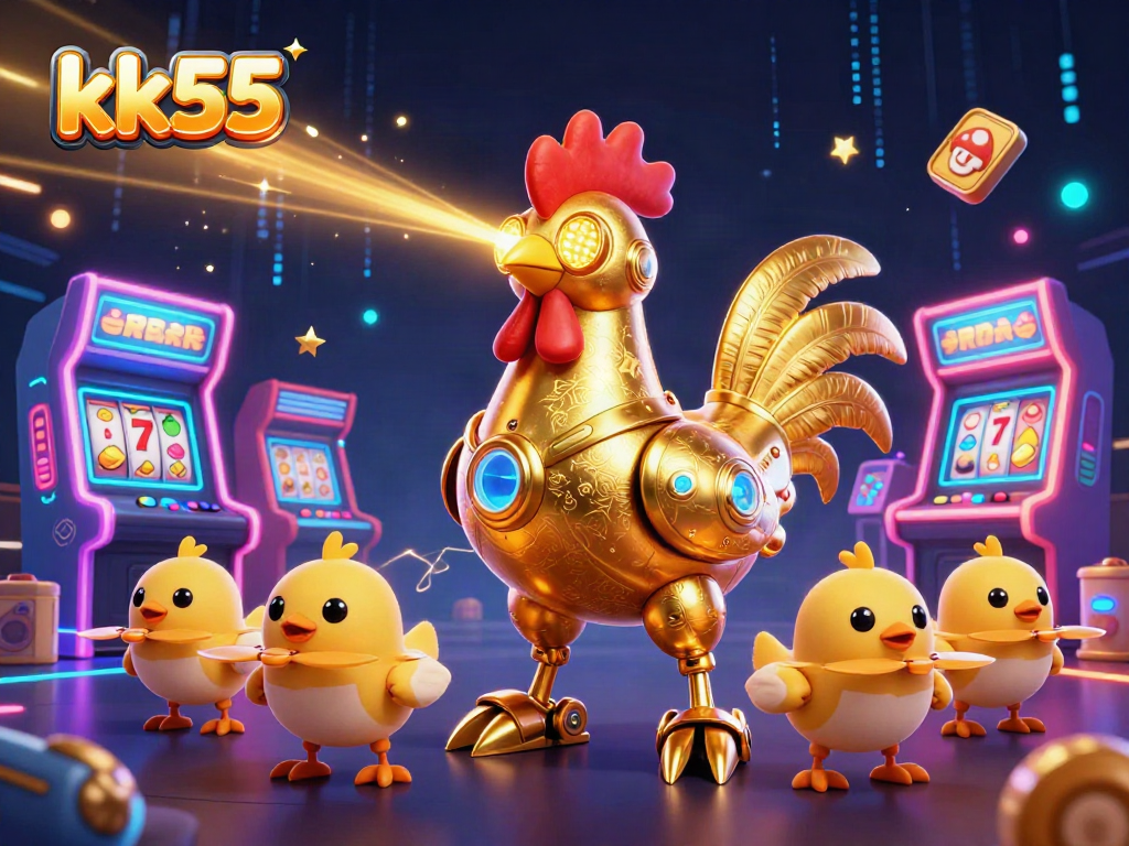 Engage with exciting gaming action at kk55, featuring a dynamic casino atmosphere illustrated with a golden rooster robot.