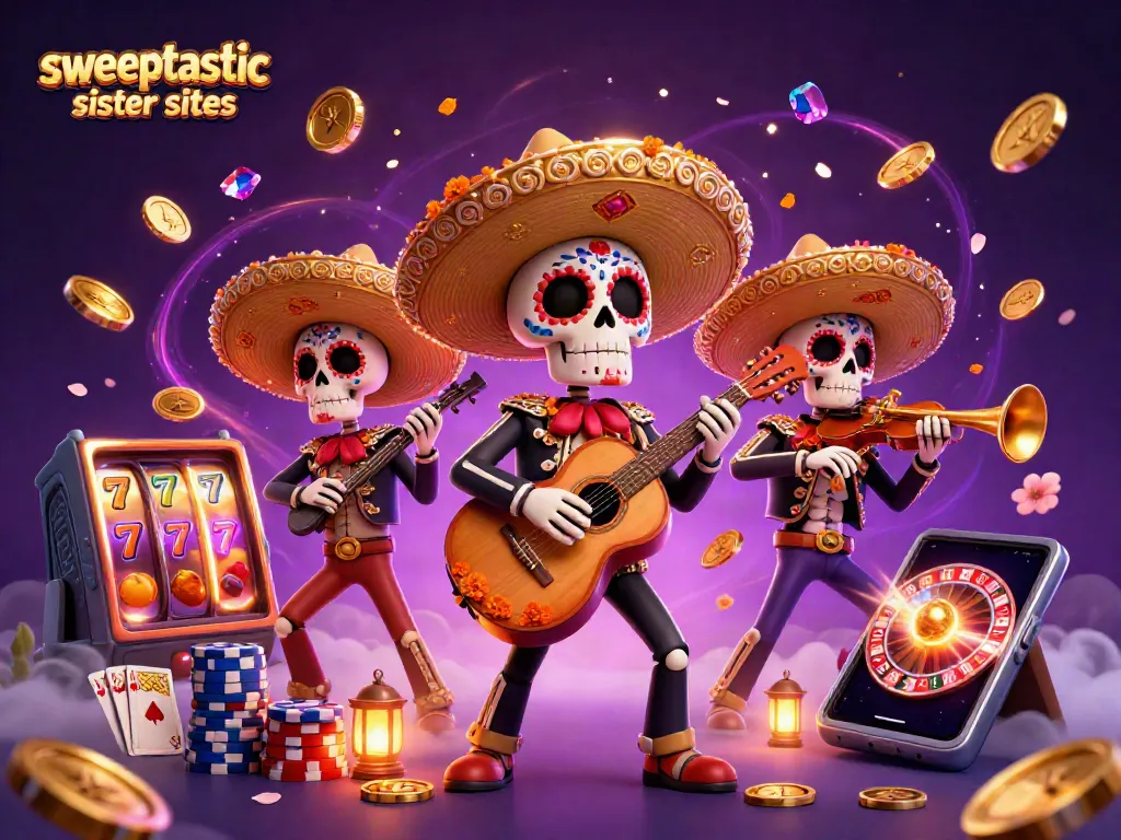 Sweeptastic sister sites come alive with a vibrant mariachi scene amid cascading coins and slot games.