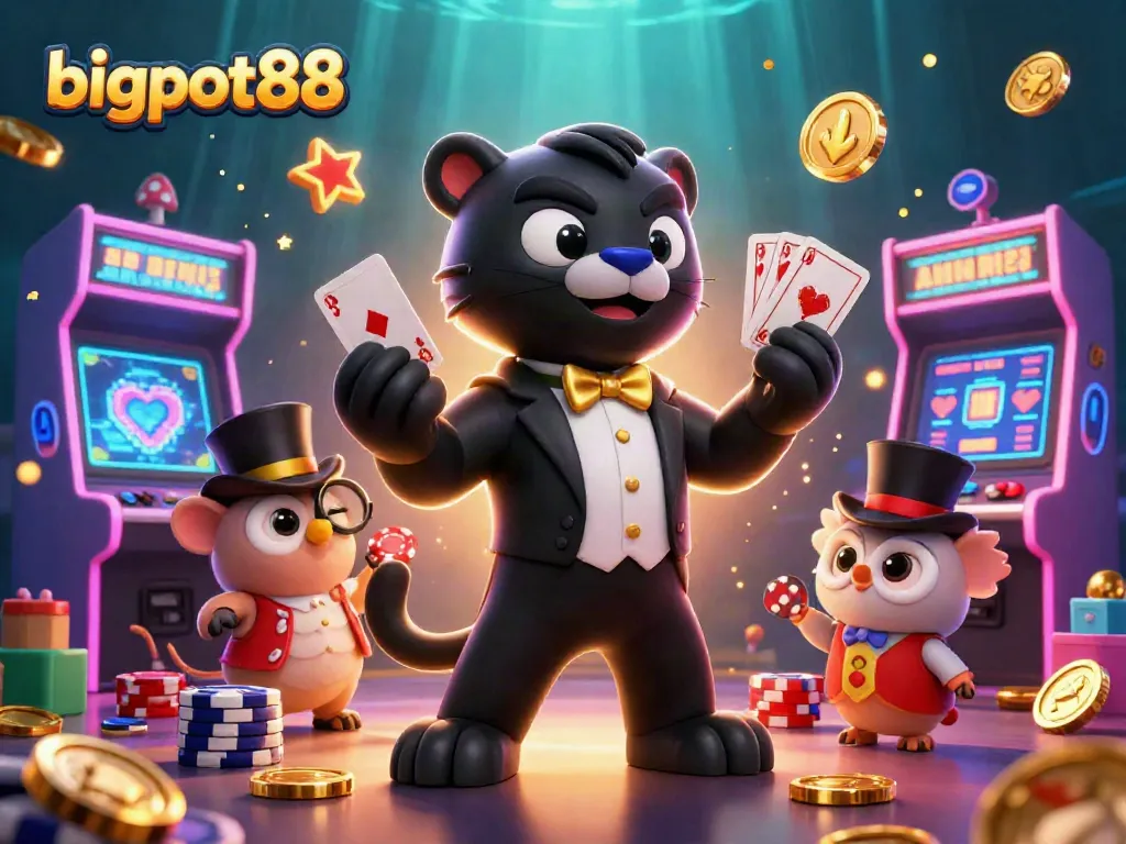 bigpot88 menampilkan panther hitam dengan tuxedo, burung hantu dan tikus beruntung dalam ilustrasi kasino 3D