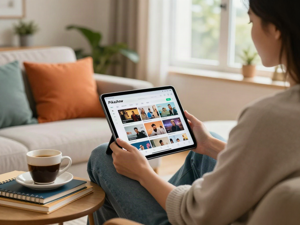 User exploring the Pikashow app on a tablet in a cozy home workspace, showcasing streaming options surrounded by a warm and inviting atmosphere.