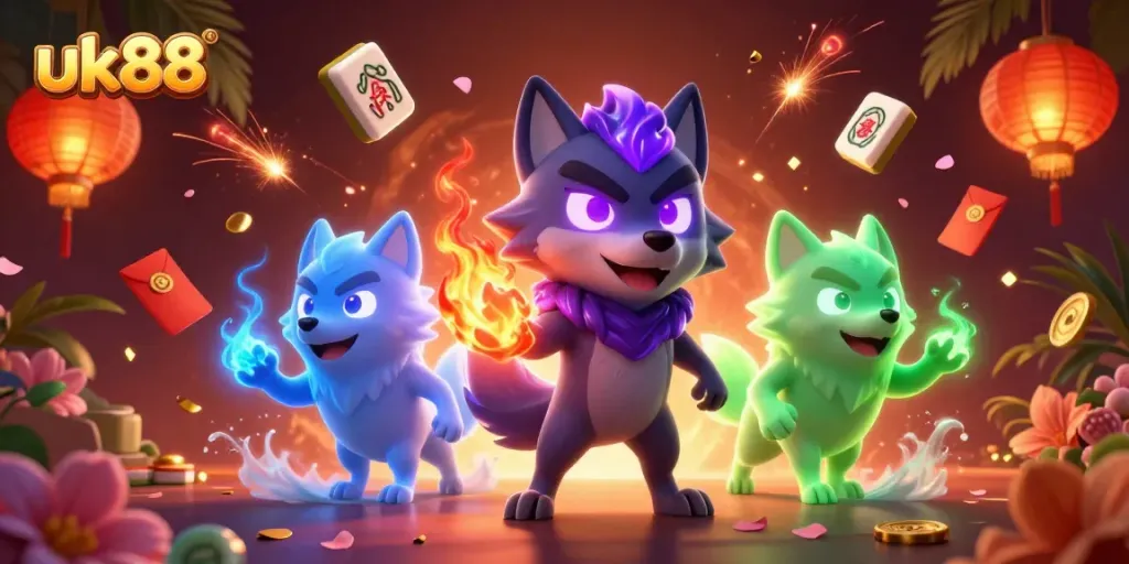 uk88 enticing players with vibrant spirit flames and floating game elements for thrilling gameplay.