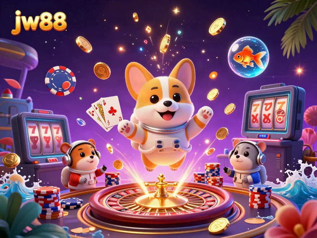 Engage in thrilling gameplay at JW88, with an astronaut corgi floating in a vibrant space casino