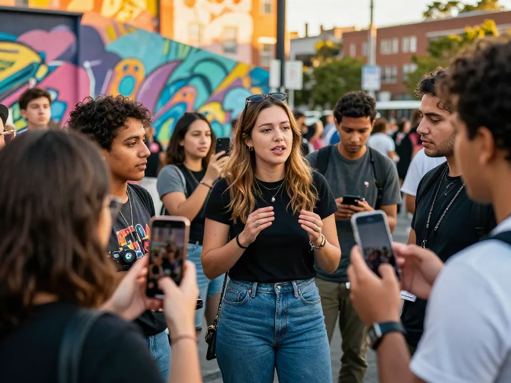 Chloe Sunderland leading an engaging outdoor discussion about men's rights with a diverse audience.