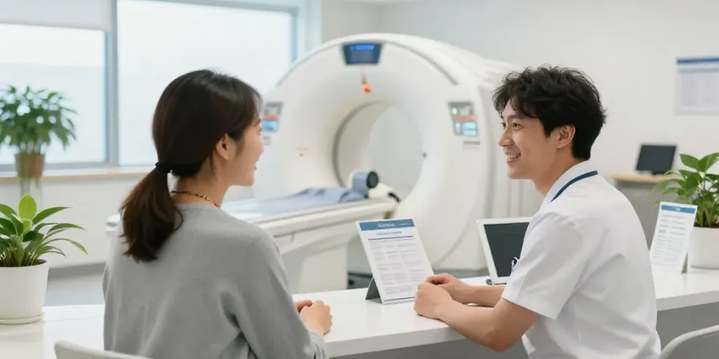 Röntgenreizbestrahlung in der Nähe - freundlicher Arzt und Patient im modernen Diagnostikzentrum Wolfsburg.