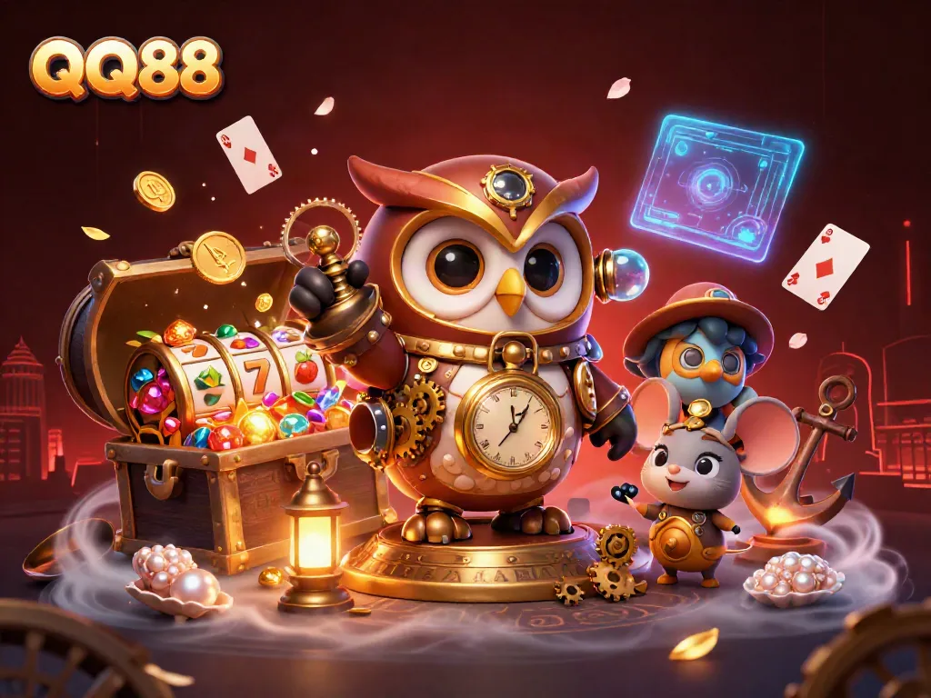 Engage with QQ88's vibrant 3D casino illustration showing an owl and mouse amidst dynamic gaming elements.
