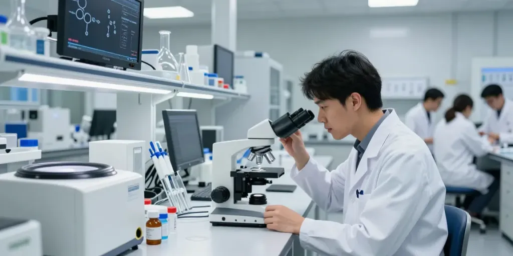 adamax peptide analysis in a modern research laboratory with scientists working