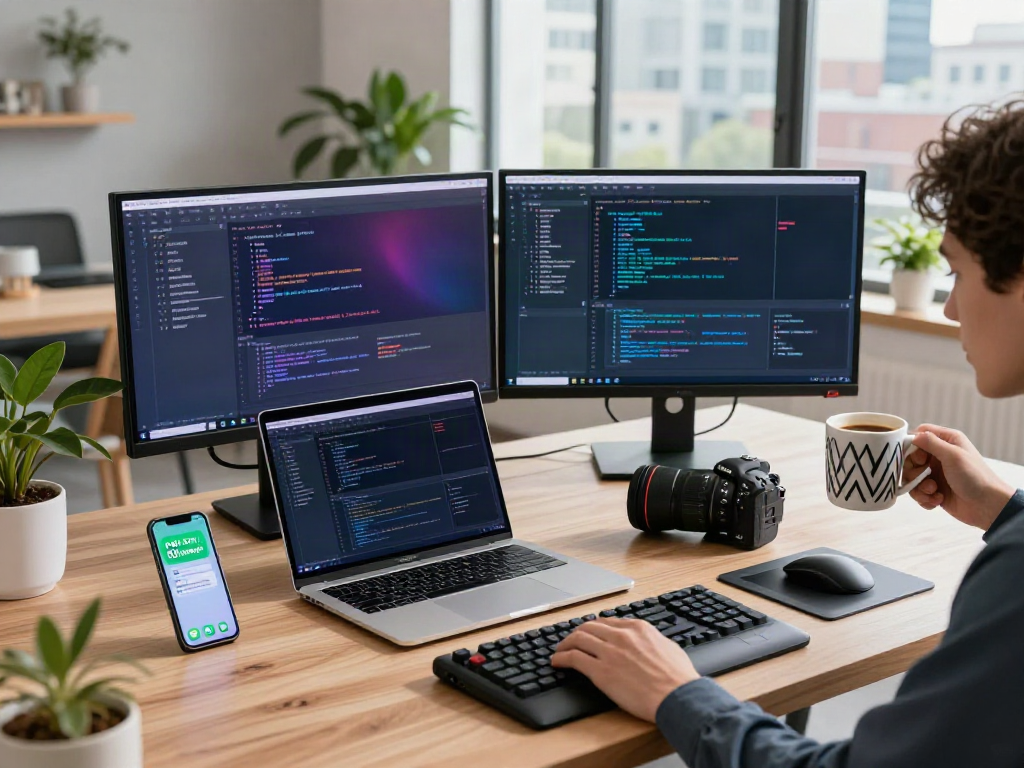 Developer using GB WhatsApp on a laptop in a modern tech workspace.