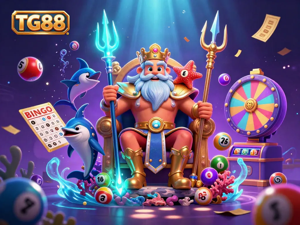 Experience the excitement of TG88 with animated gaming visuals featuring a coral throne, lottery elements, and vibrant effects.