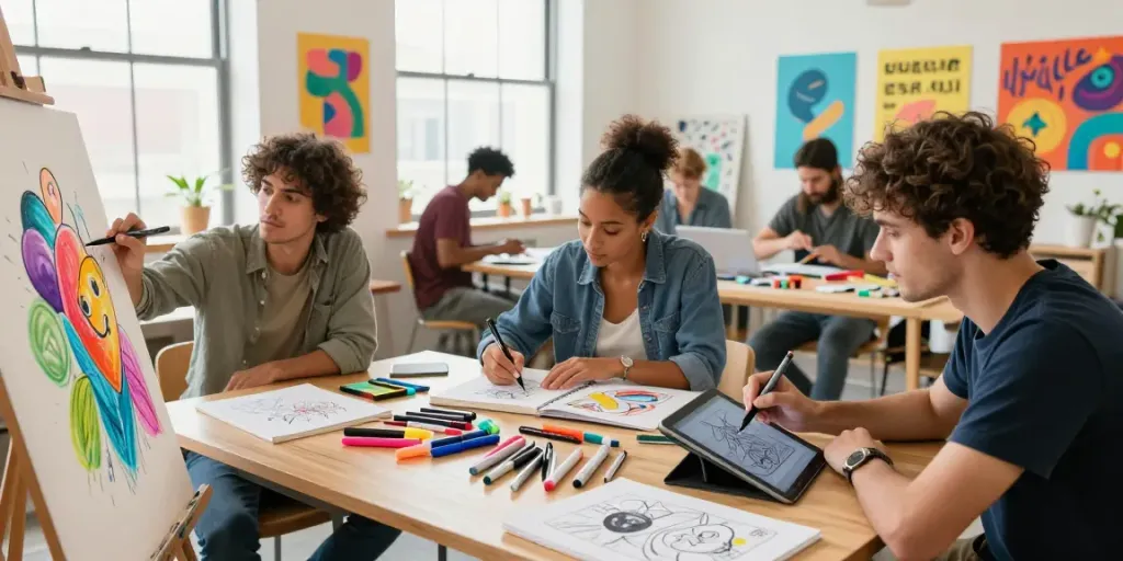 Artist collaboration using diverse marker pens in a creative studio.