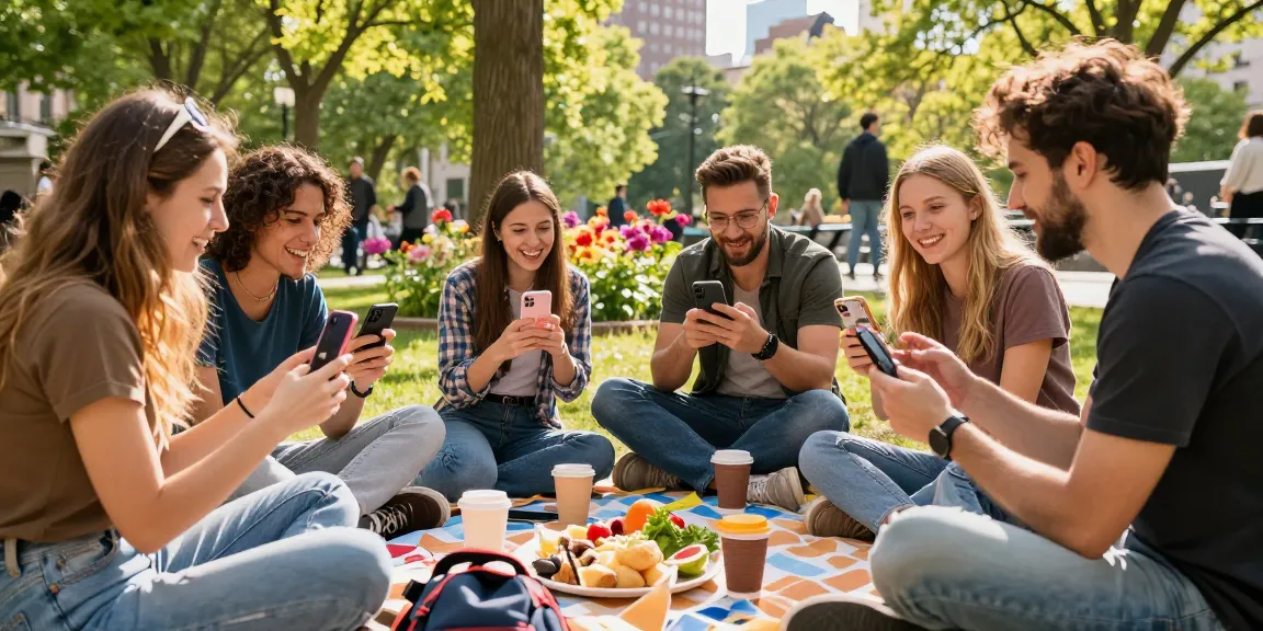 Group of friends enjoying a sunny day while taking an attractiveness test outdoors in a city park.