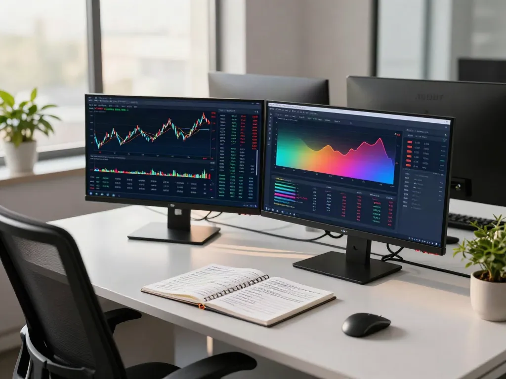 Trader using MetaTrader 5 for live market analysis in a modern office.