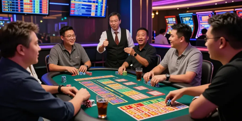 Toto togel dan pemain bersemangat di kasino dengan meja penuh kartu dan tiket.