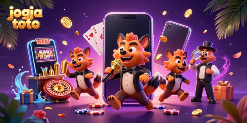 Engage with the vibrant jogja toto casino scene featuring hyenas running a comedy club, showcasing colorful slot games.