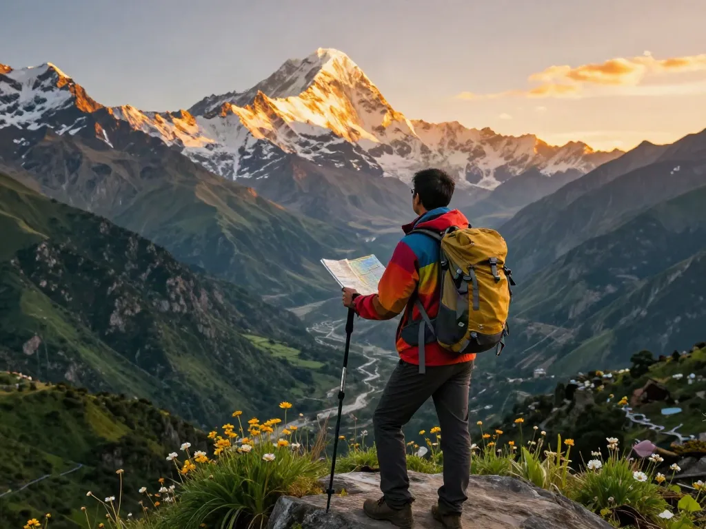 Manaslu Circuit traveler enjoying breathtaking views at sunset with mountains in the background