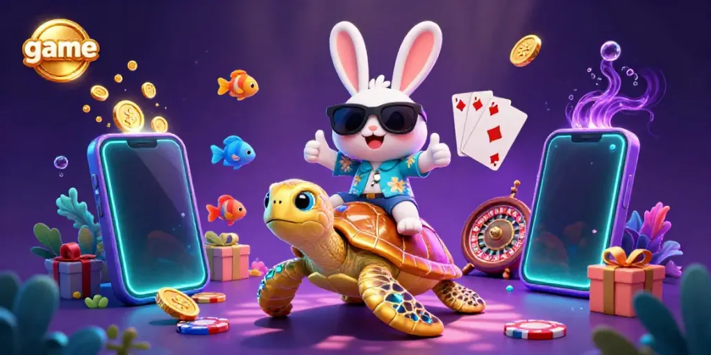 Play an exciting game with a vibrant scene featuring a lucky rabbit, a golden turtle, and colorful casino elements.