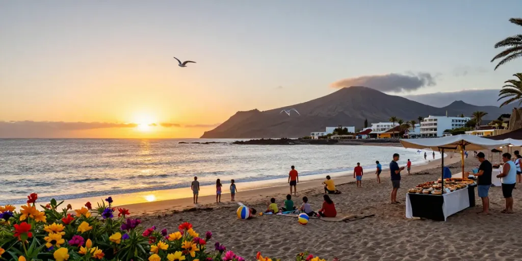 Canarian news depicting families enjoying a vibrant sunset at the beach with local delicacies and scenic views.
