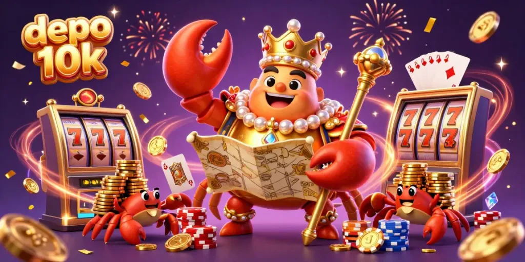 Celebrate victories with depo 10k in this 3D casino scene featuring vibrant slot reels and golden treasures.