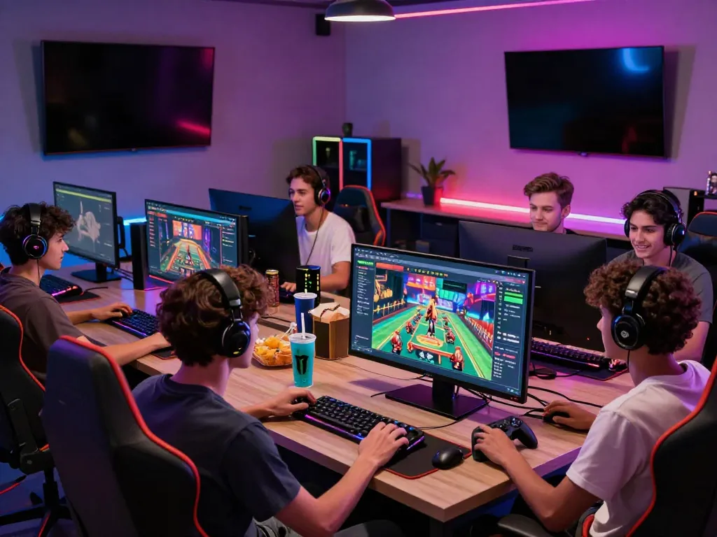 Exciting gaming scene at QQMacan with players immersed in action at high-end gaming setups.