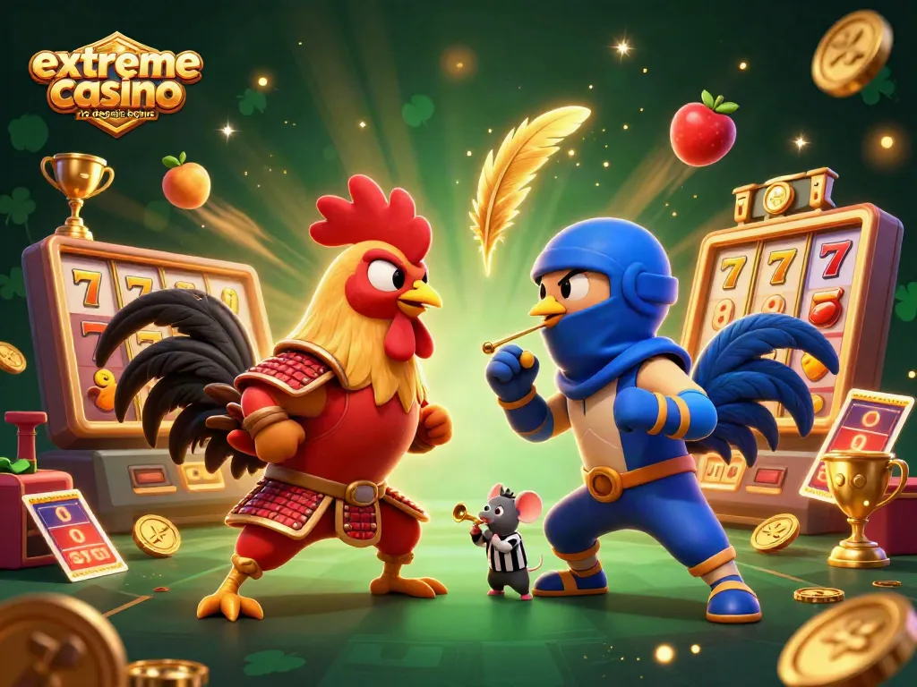 Experience the thrill of extreme casino no deposit bonus in this vibrant, dynamic 3D illustration featuring epic rooster warriors.