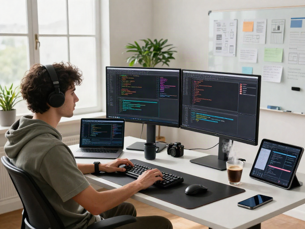Pikashow application development scene with a programmer focused on coding at a modern workspace, showcasing dual monitors and tech gadgets.