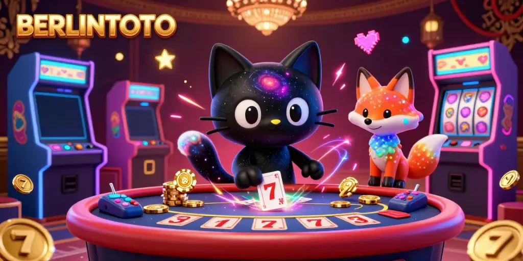Engage in casino gaming with BERLINTOTO as a whimsical black hole cat draws in golden chips and cards.