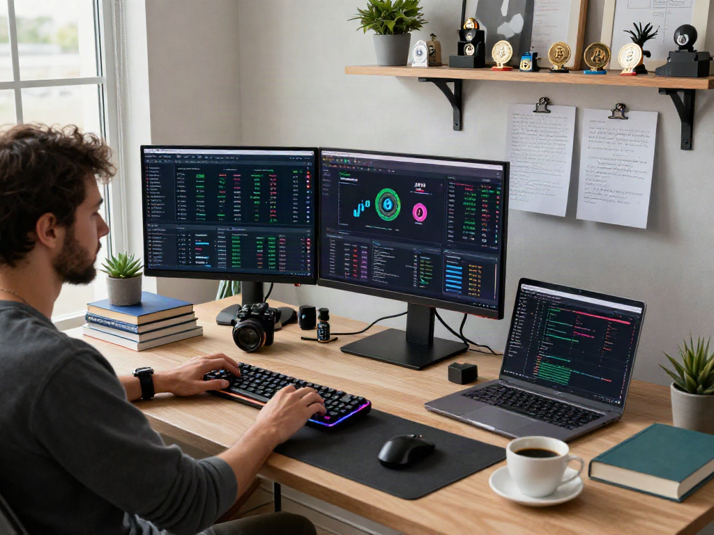 XXKK Exchange trading setup with cryptocurrency charts, secure wallet, and DeFi dashboard in modern office space.