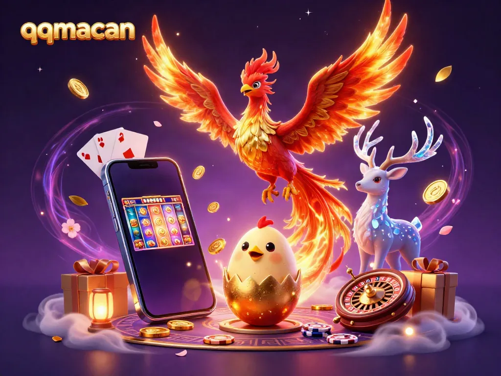 Engage in thrilling action with qqmacan's vibrant casino scene featuring a phoenix rising and exciting games.