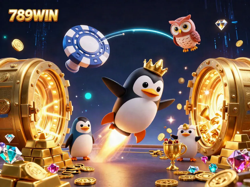 Join the golden penguin on its 789WIN journey through a vibrant casino universe, bursting with treasures.