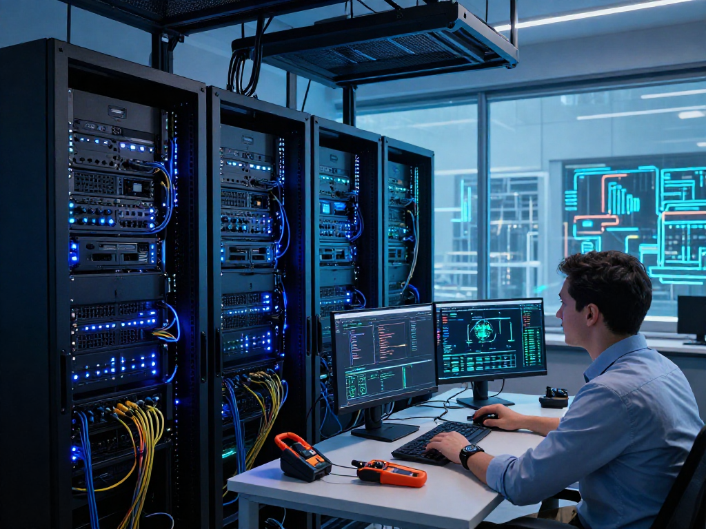 Configuración de servidores VPS en un centro de datos moderno con tecnología avanzada.