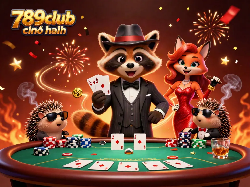 Experience the thrill of 789club chính hãng as a suave raccoon plays poker in a vibrant casino scene.