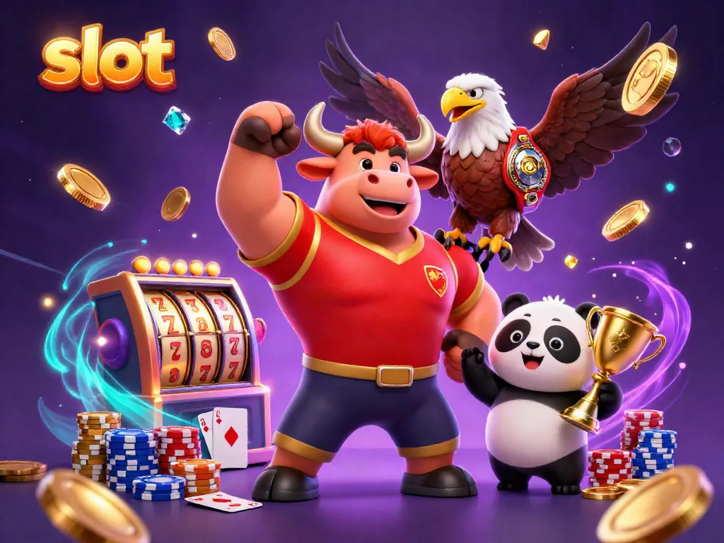 Engage with slot excitement through a thrilling cartoon scene of a muscular bull, eagle, and panda celebrating wins.