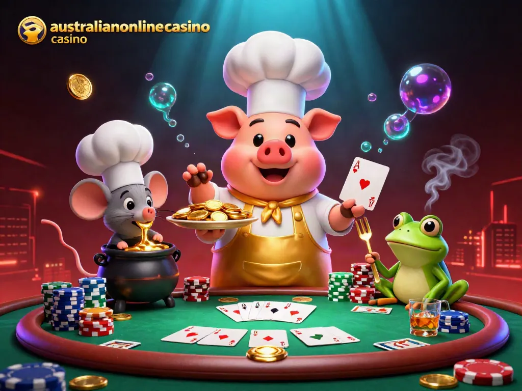 Celebrate winnings at australianonlinecasino casino with a chef pig serving gold coins and poker elements.
