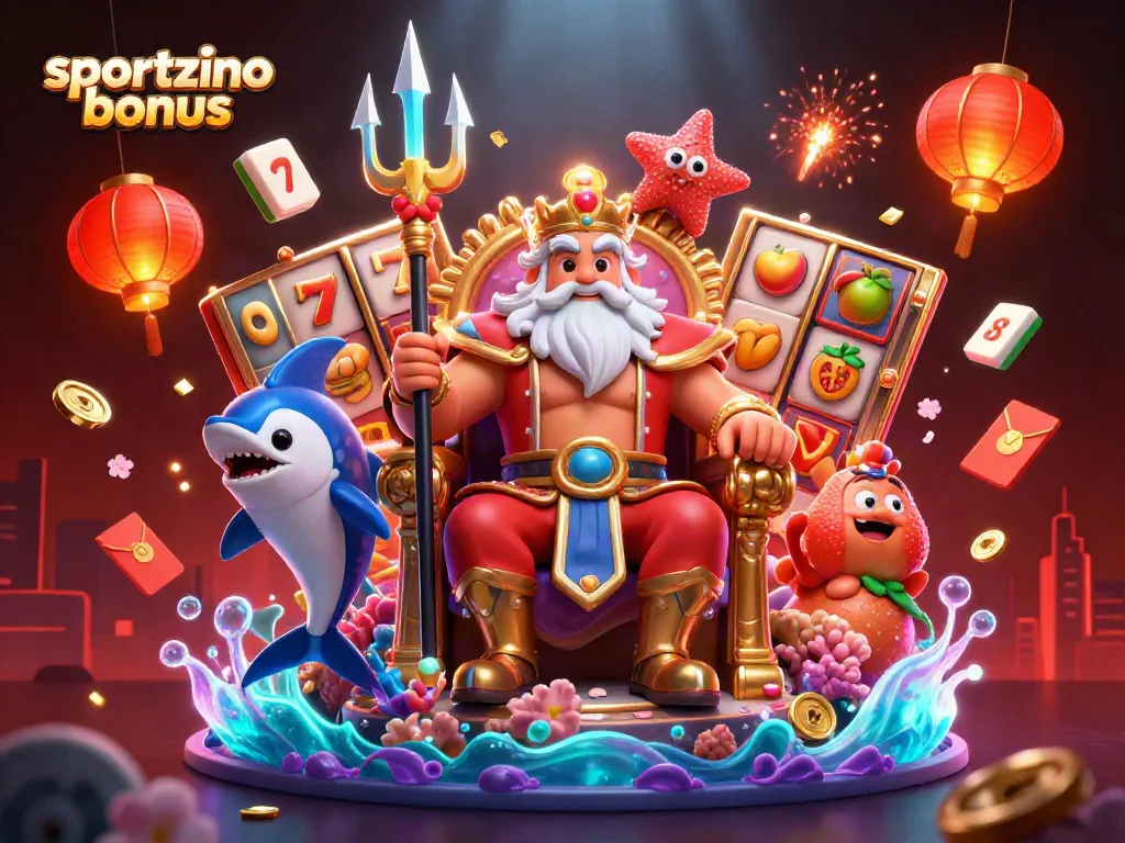 Claim your sportzino bonus with vibrant gameplay in this energetic casino illustration featuring Neptune.