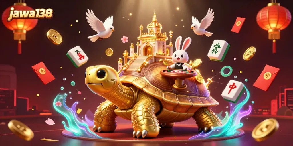 Experience excitement on Jawa138 with a 3D golden tortoise casino scene filled with vibrant game elements.