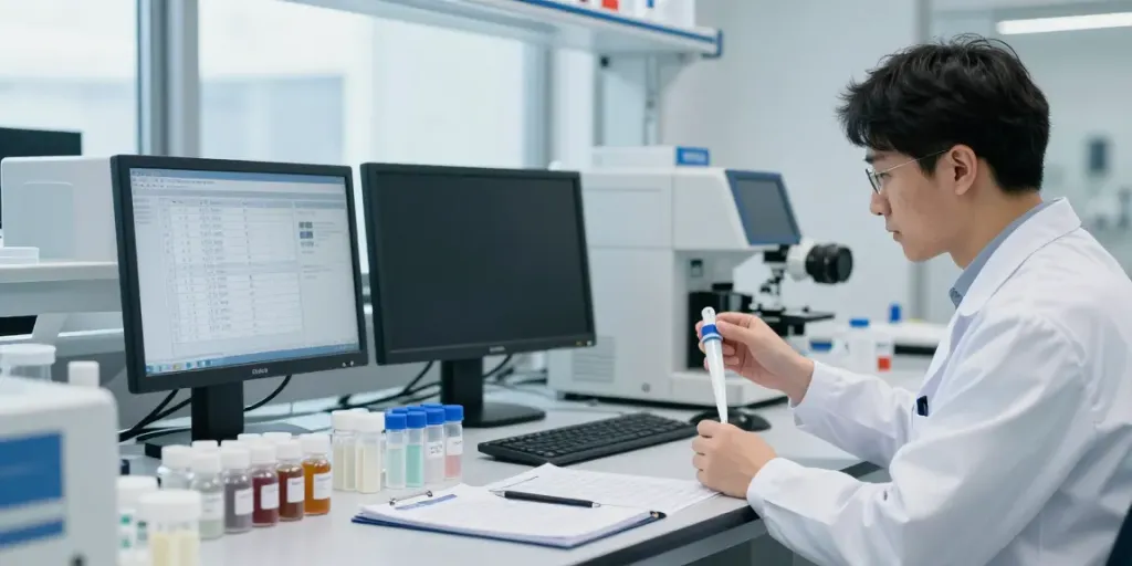 Scientist reviewing peptide price list in modern laboratory, showcasing vial analysis.